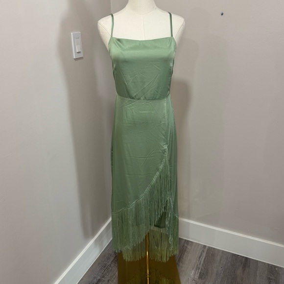 NWT 12th Tribe Monet Sage Fringe Satin Maxi Dress Large - Picture 3 of 8